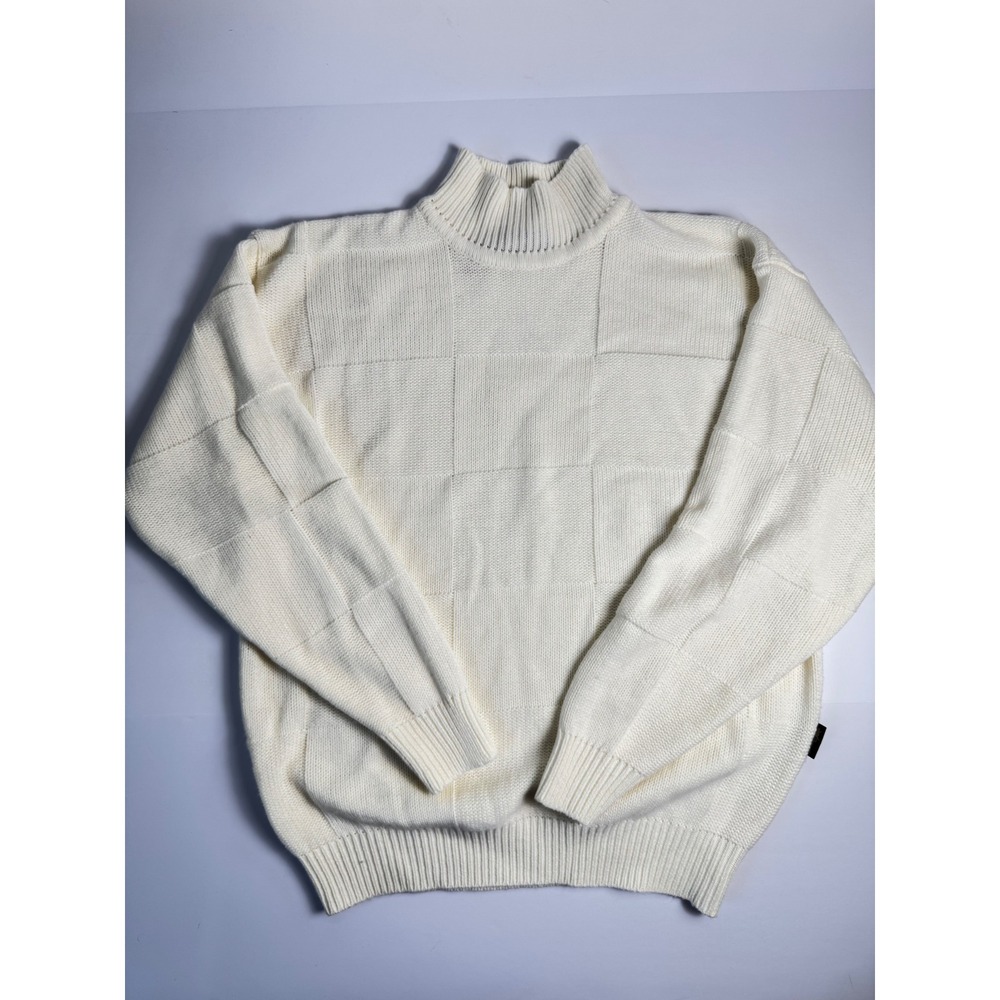 Vintage Delf USA Men Large Mock Neck Sweater Cream White Checkerboard Knit L